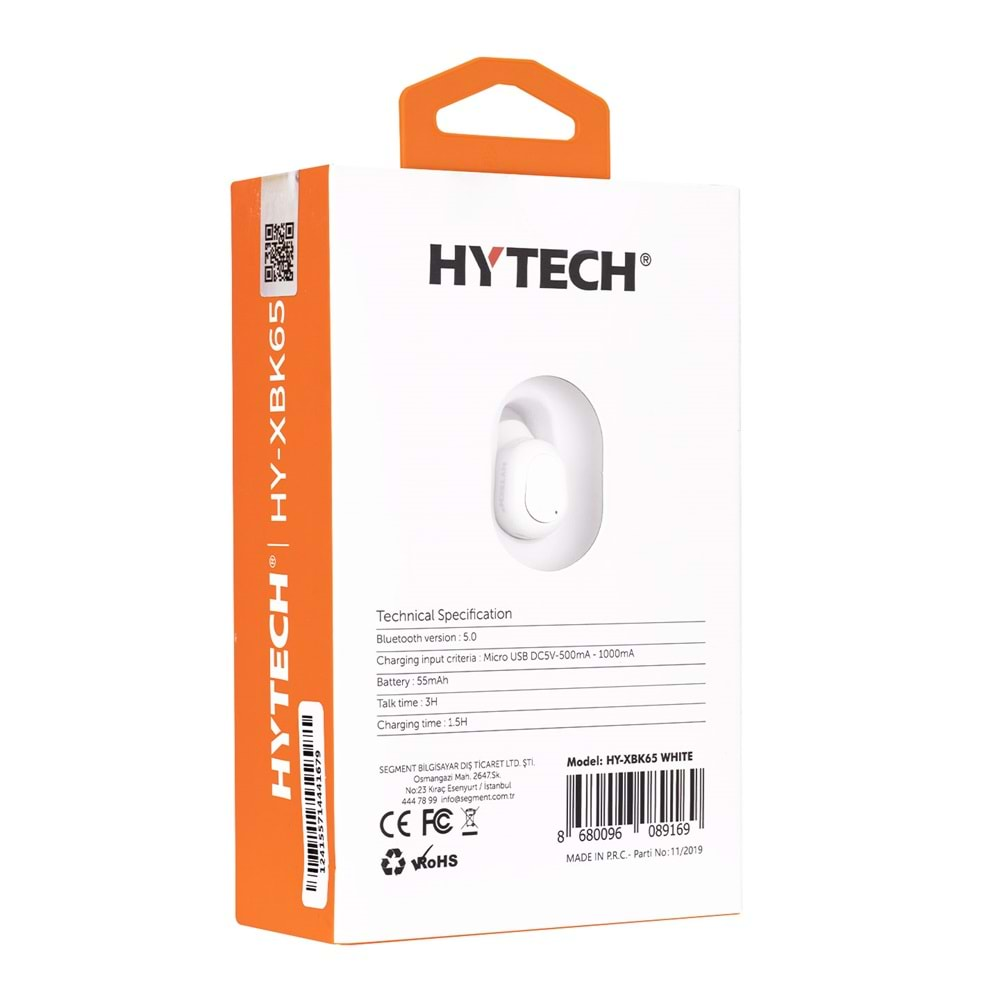 Hytech HY-XBK65 Tek Kulaklıklı Beyaz Bluetooth Kulaklık