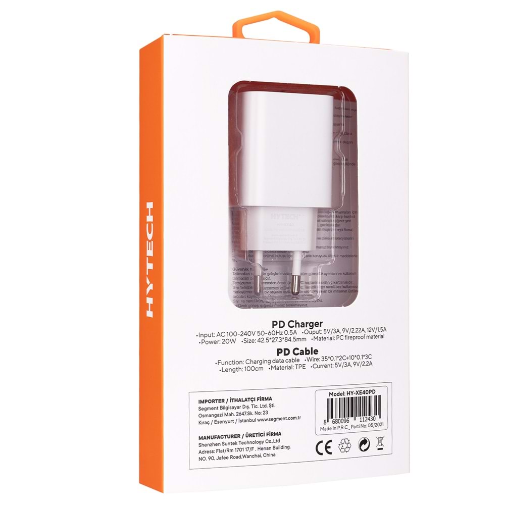 Hytech HY-XE40PD PD lightning Kablolu 20W PD3.0/Quick Charge QC4.0 Hızlı Ev Şarj Adaptörü