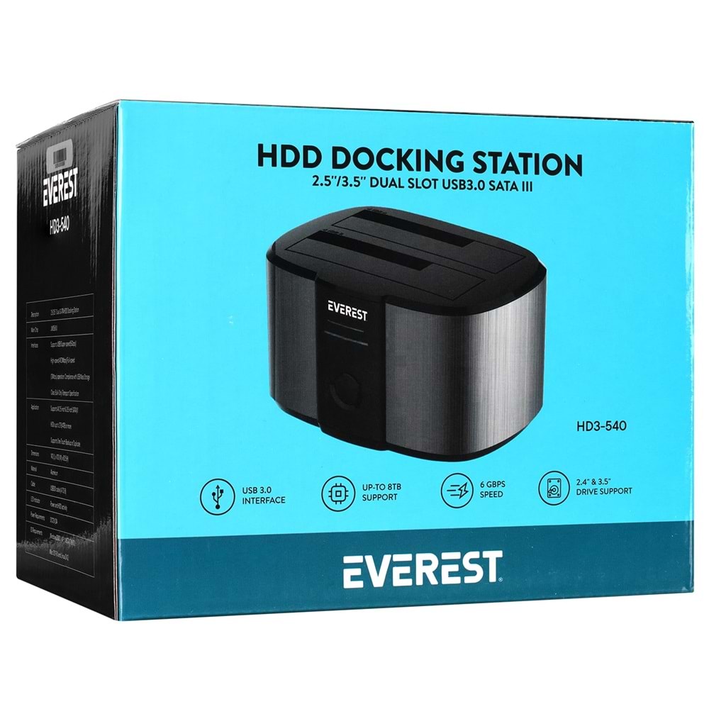 Everest HD3-540 2.5''/3.5'' İkili USB3.0 SATA III 6Gbps 4TB/6TB/8TB Docking Harddisk Kutusu