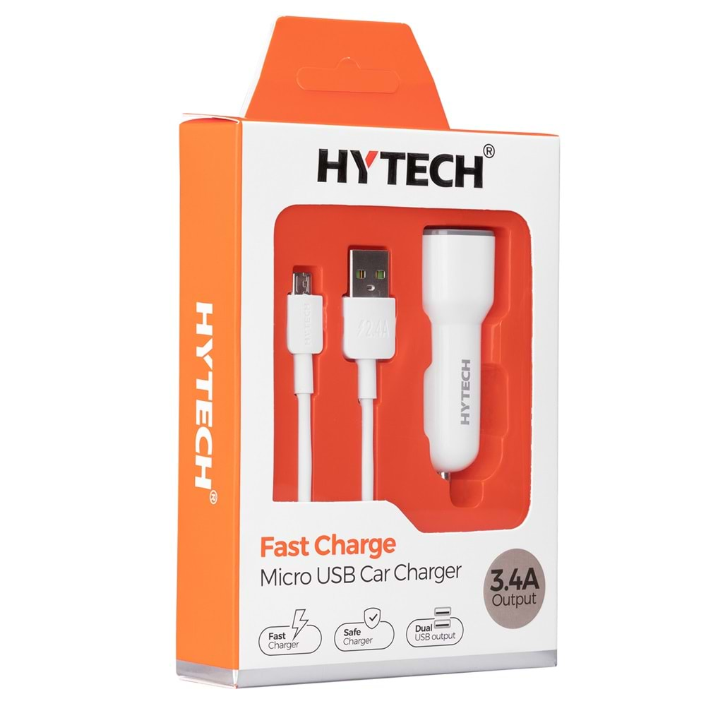 Hytech HY-X42 MicroUSB Kablolu 3.4A Hızlı Şarj 2 USB Beyaz Araç Şarj Cihazı