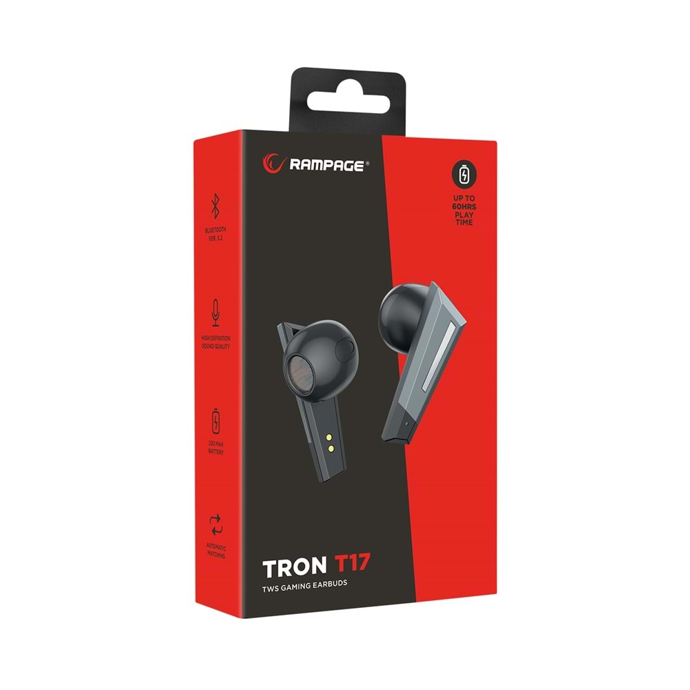 Rampage RM-TWS02G TRON T17 Gri/Siyah Mobile+PC Uyumlu Bluetooth TWS Gaming Oyuncu Mikrofonlu Kulaklık