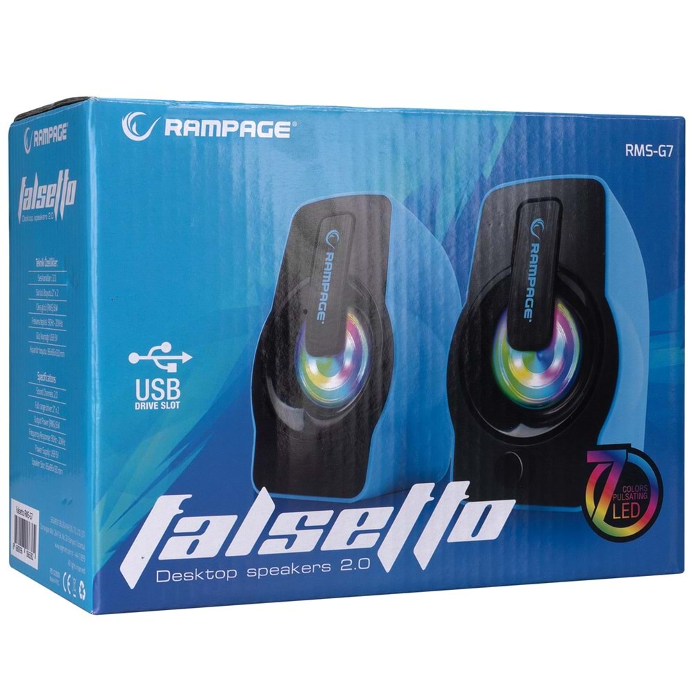 Rampage RMS-G7 FALSETTO 2.0 6 Watt RGB Ledli Mavi Multimedia Gaming USB Speaker