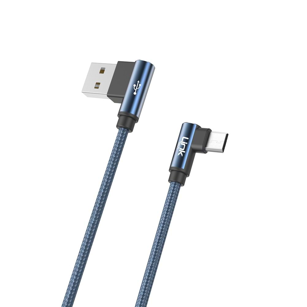 Link Tech K592 Mavi Gaming 90° 3A Metal Başlı Örgülü 1500mm Micro USB Şarj Kablosu