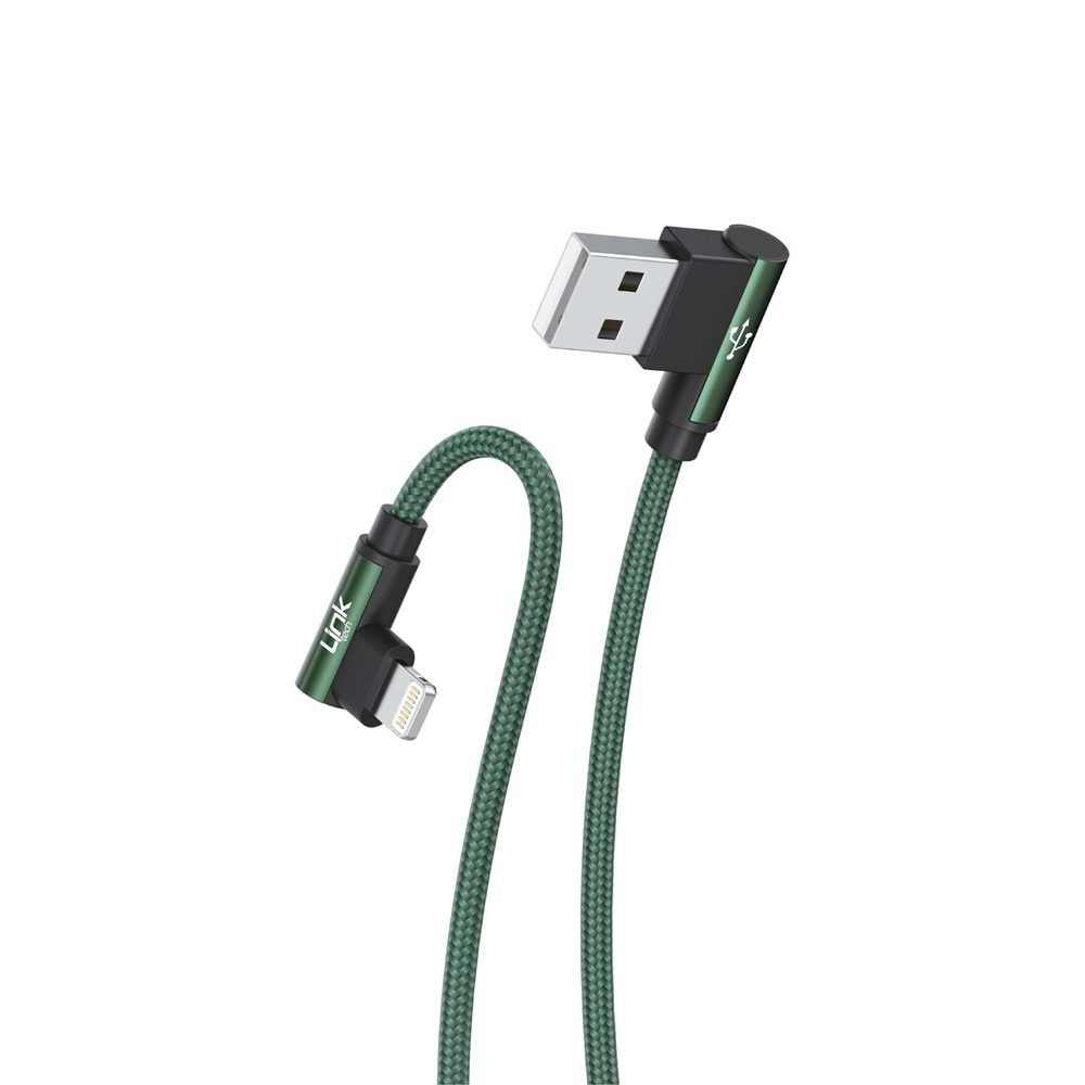 Link Tech K593 Yeşil Gaming 90° 3A Metal Başlı Örgülü 1500mm İphone USB Şarj Kablosu