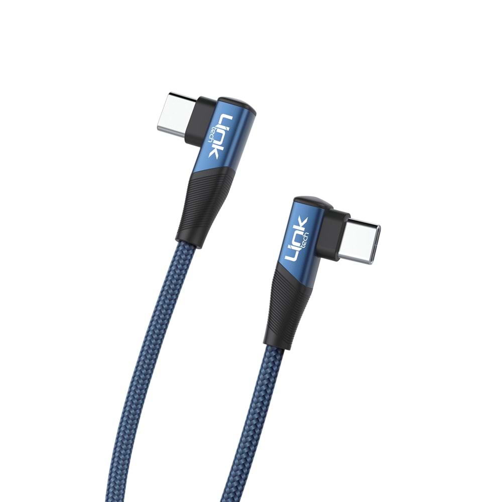 Link Tech K595 Mavi Gaming 90° 67W Metal Başlı Örgülü 1500mm USB-C'den Type-C Şarj Kablosu