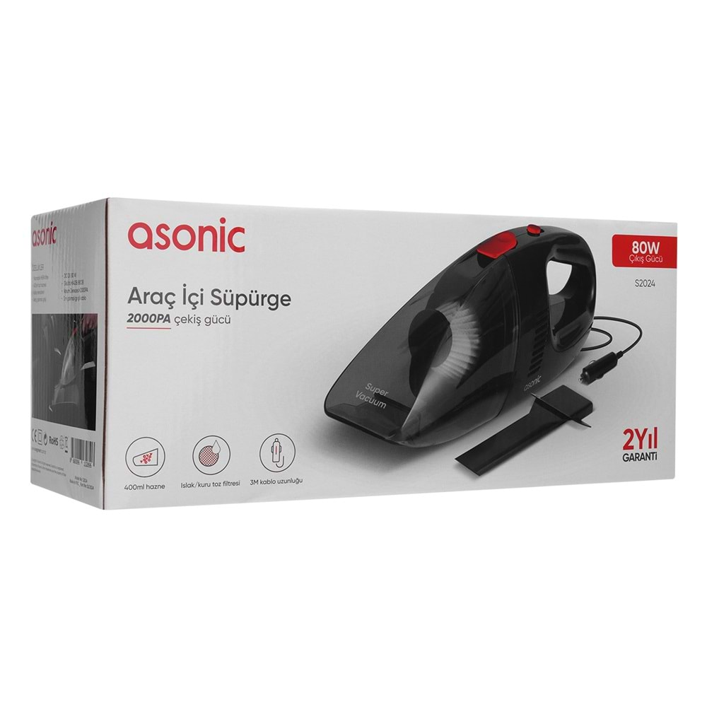 Asonic S2024 Siyah 80W 2000Pa Emiş Islak Ve Kuru Fuul Bakır Araç İçi El Süpürgesi