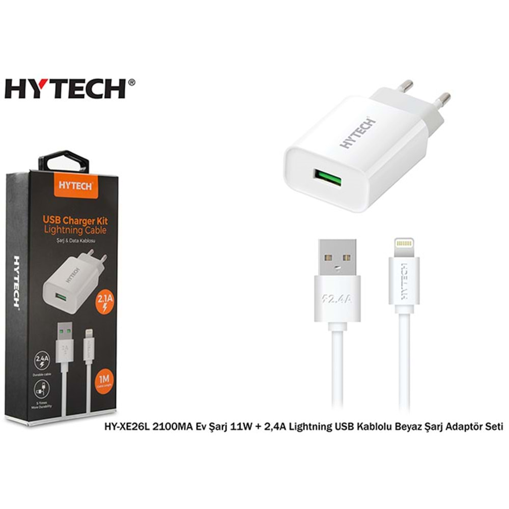 Hytech HY-XE26L Lightning USB Kablolu 2100MA Ev Şarj 11W + 2,4A Beyaz Şarj Adaptör Seti