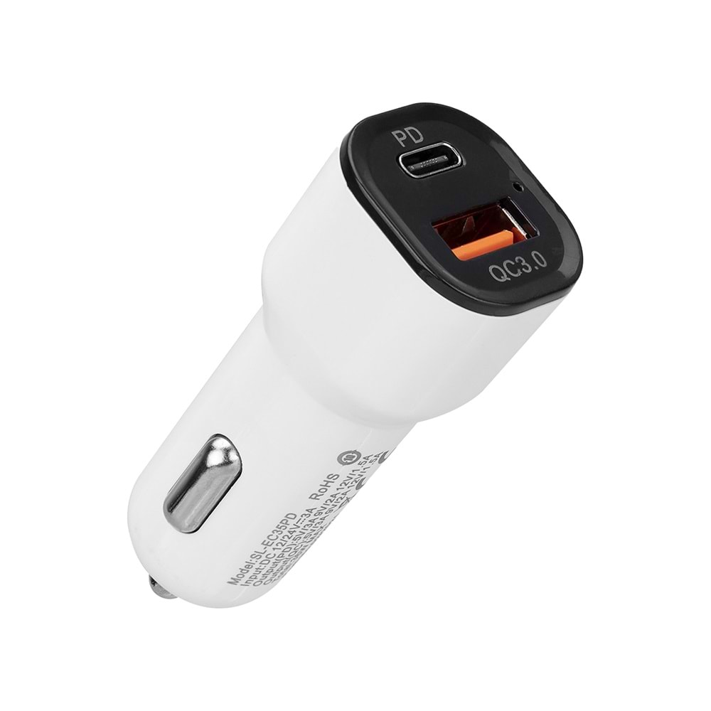 S-link SL-EC35PD 36W PD 3.0 Lightning PD Kablo 3.4A Hızlı Şarj PD 18W + USB QC3.0 Beyaz Araç Şarj Cihazı