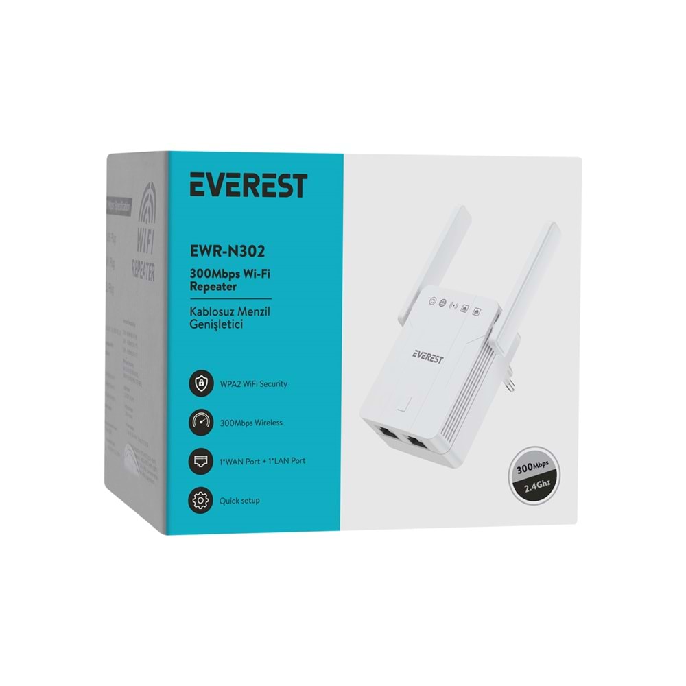 Everest EWR-N302 2.4GHz 300Mbps 1xWAN/LAN Port 2x2dBi Anten Repeater+AP Kablosuz Menzil Genişletici