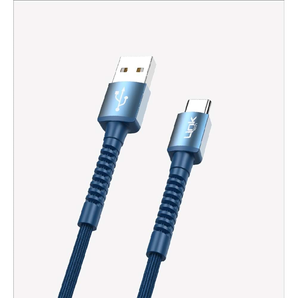 Link Tech K552 mavi Safe 3A Örgülü Metal Başlı USB Tip-C Şarj Kablosu