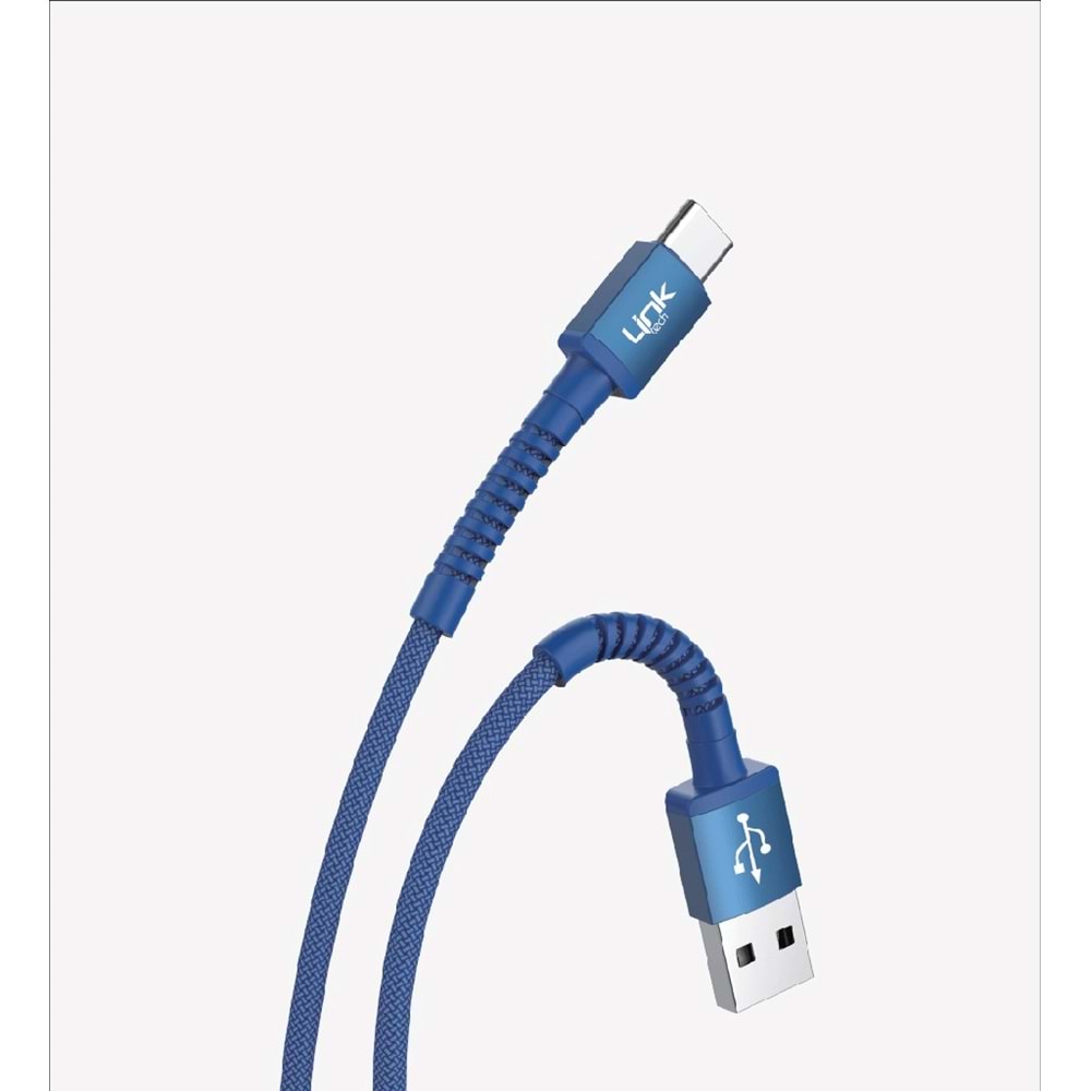 Link Tech K552 mavi Safe 3A Örgülü Metal Başlı USB Tip-C Şarj Kablosu
