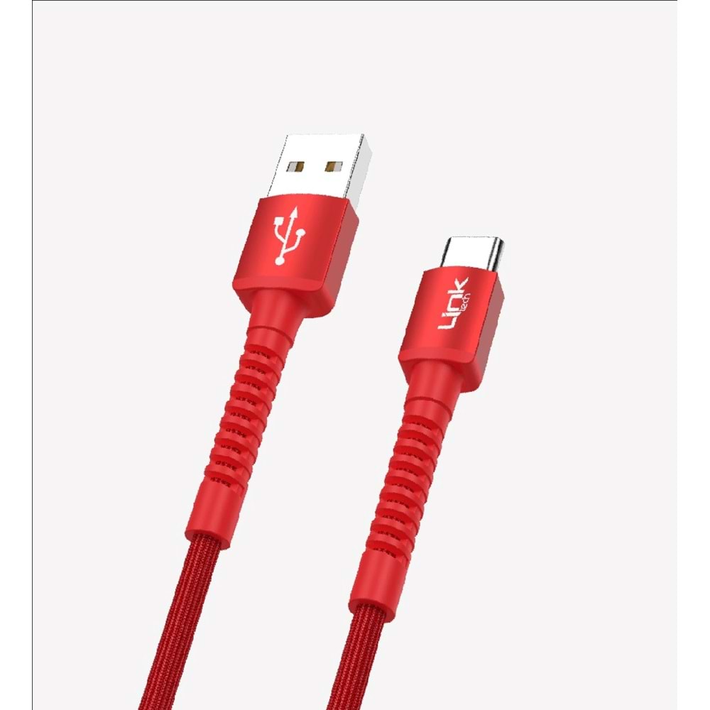 Link Tech K552 Kırmızı Safe 3A Örgülü Metal Başlı USB Tip-C Şarj Kablosu