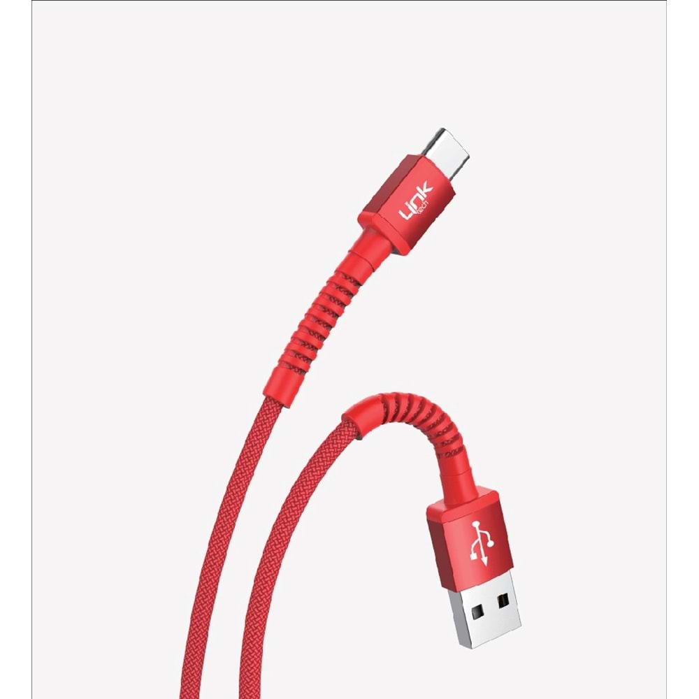 Link Tech K552 Kırmızı Safe 3A Örgülü Metal Başlı USB Tip-C Şarj Kablosu