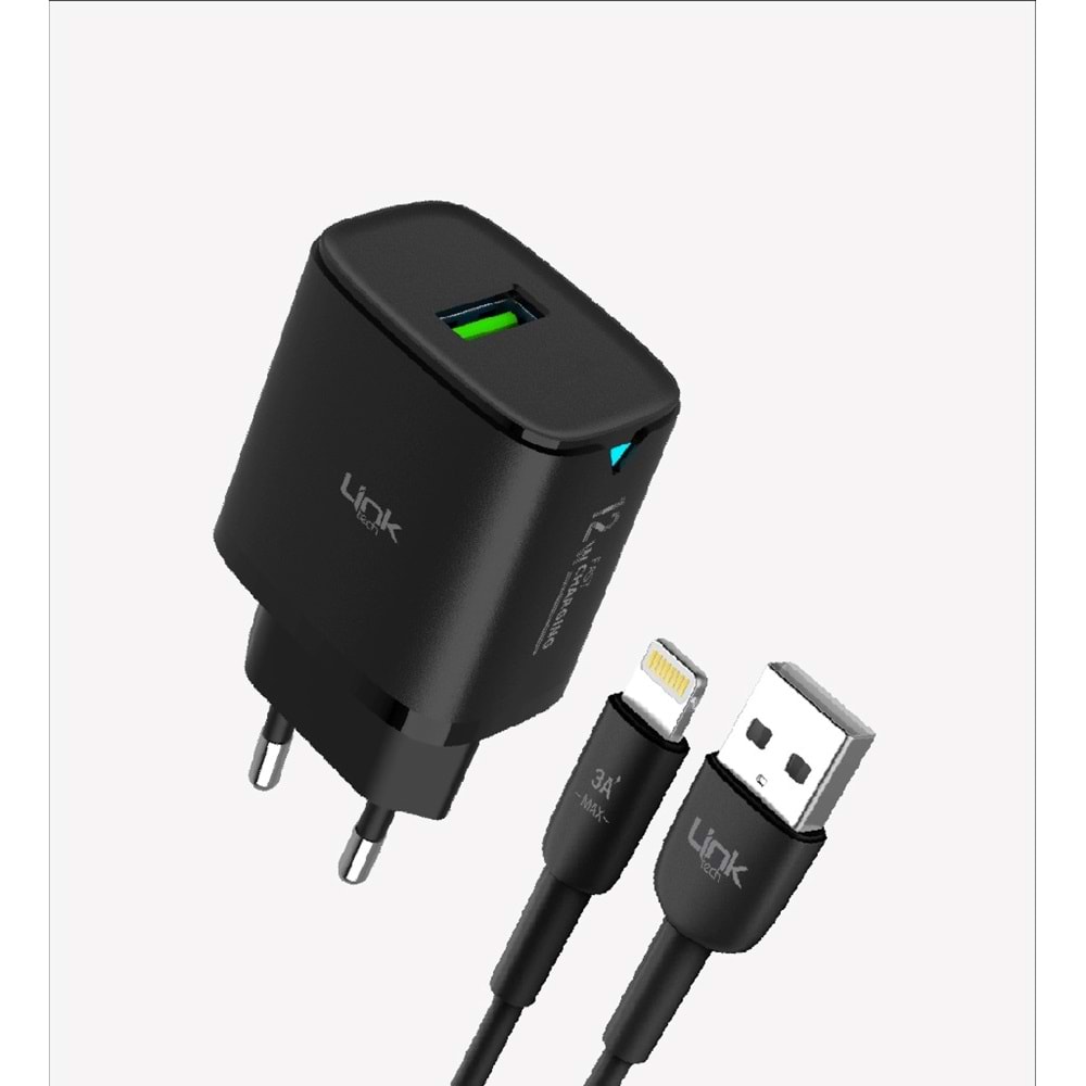 Link Tech C302 Siyah Safe 12W Lightning Kablolu Hızlı Şarj