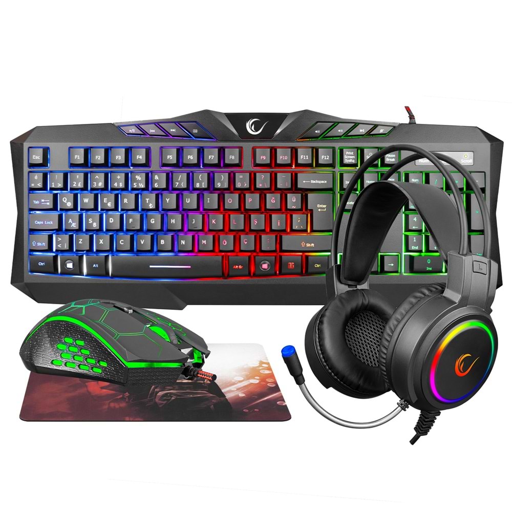 Rampage KM-404 ARGENTI Rainbow Aydınlatmalı USB Gaming Combo Q Klavye + Kulaklık + Mouse + Mousepad