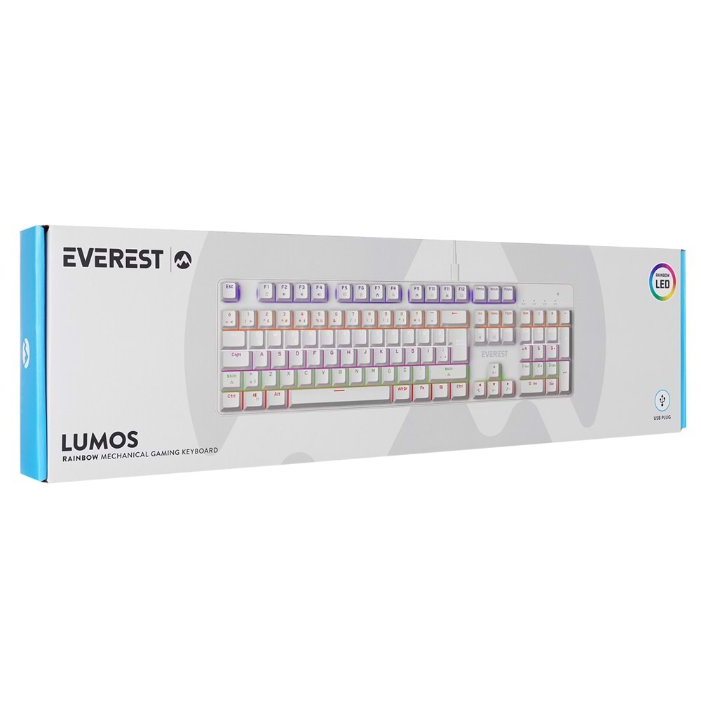 Everest KB-MK1 Lumos Beyaz USB Rainbow Aydınlatmalı Blue Switch Full Anti-Ghosting Mekanik Gaming Oyuncu Klavye
