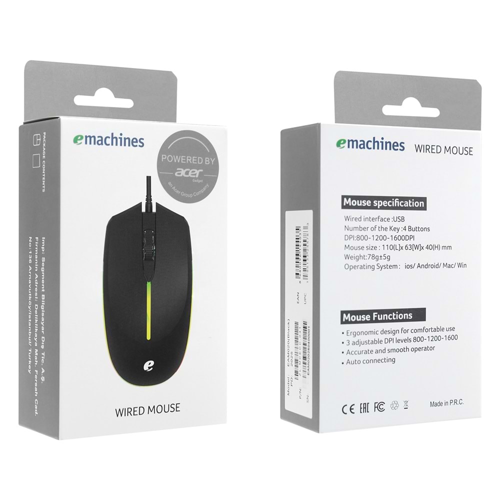 Acer eMachines EAM020 Usb Siyah Rainbow Aydınlatmalı Mouse