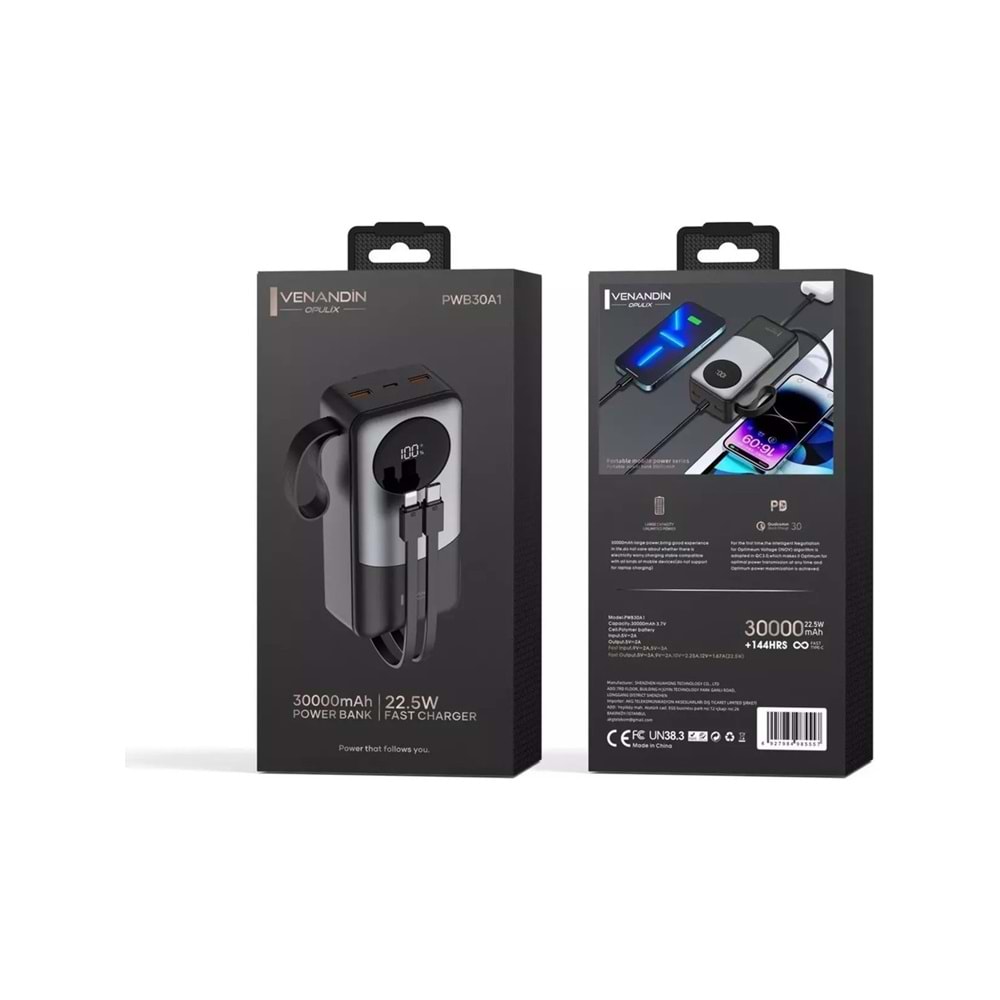 Venandin Opulix PWB30A1 30.000 Mah Led Göstergeli 22.5w Hızlı Kendinden kablolu Powerbank