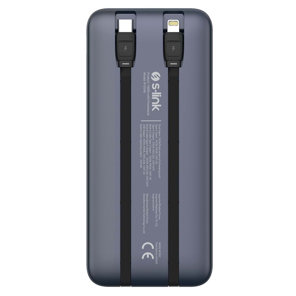 S-link IP-DS40 4 Adet 10000mAH Powerbank li Dahili Kablolu 15W Kablosuz Şarj Siyah Taşınabilir Şarj İstasyonu