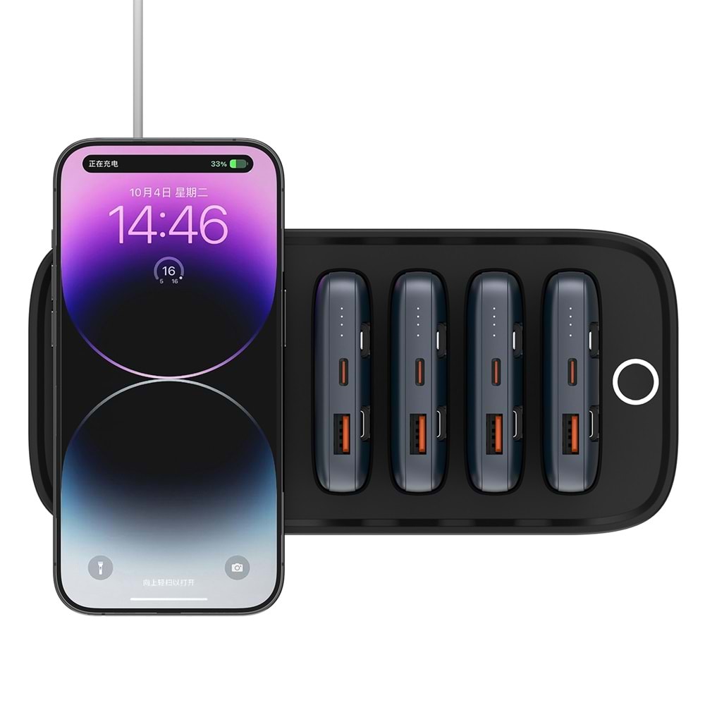 S-link IP-DS40 4 Adet 10000mAH Powerbank li Dahili Kablolu 15W Kablosuz Şarj Siyah Taşınabilir Şarj İstasyonu
