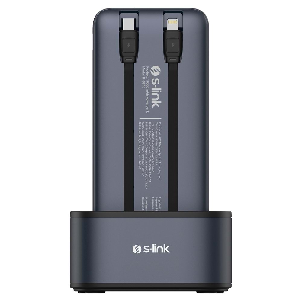 S-link IP-DS40 4 Adet 10000mAH Powerbank li Dahili Kablolu 15W Kablosuz Şarj Siyah Taşınabilir Şarj İstasyonu