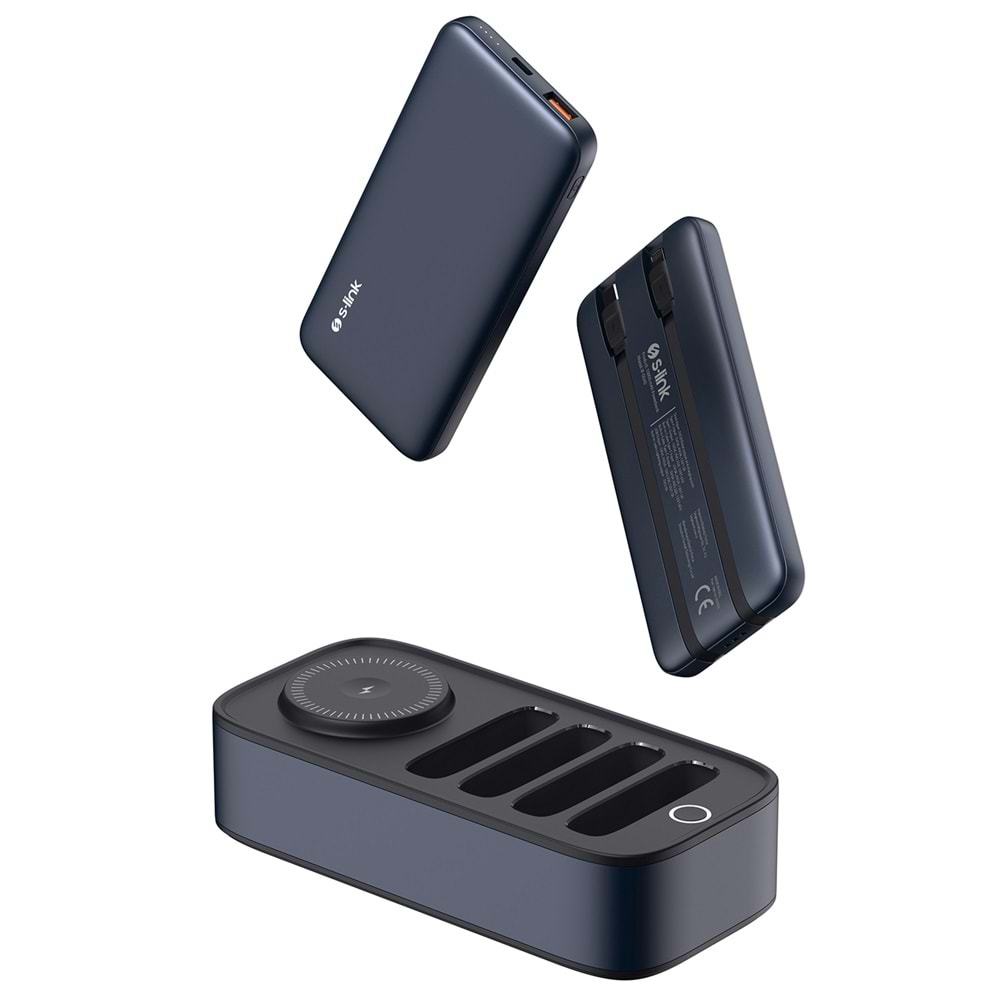 S-link IP-DS40 4 Adet 10000mAH Powerbank li Dahili Kablolu 15W Kablosuz Şarj Siyah Taşınabilir Şarj İstasyonu