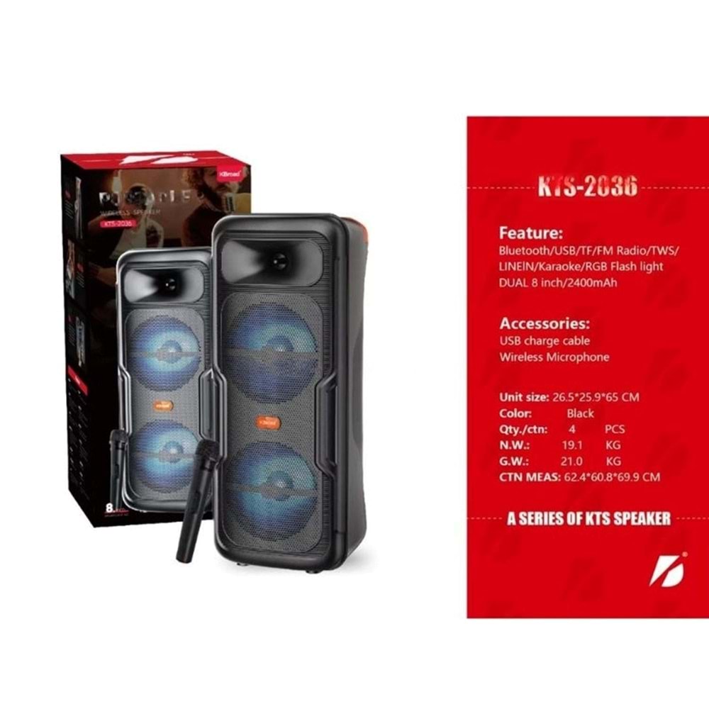 KTS-2036 Kablosuz Mikrofonlu Ledli Bluetooth Speaker Usb-Tf-Fm