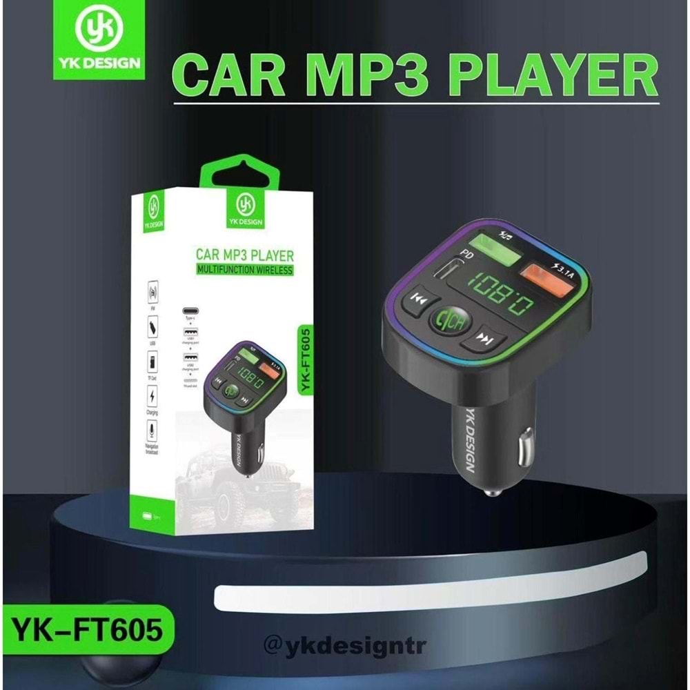 YK Design FT-605 Araç Fm Transmitter Bluetooth Usb Mp3 Sd Kart PD TypeC Şarj