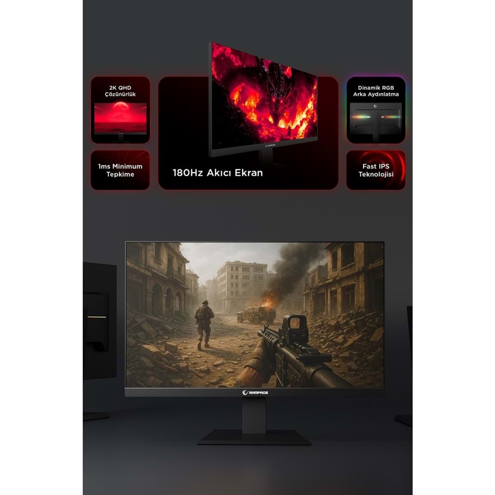 Rampage MIRACLE MC27RQ180 27'' 180Hz 1ms Fast IPS QHD 2K HDR Freesync Pivot PC Flat Oyuncu Monitörü