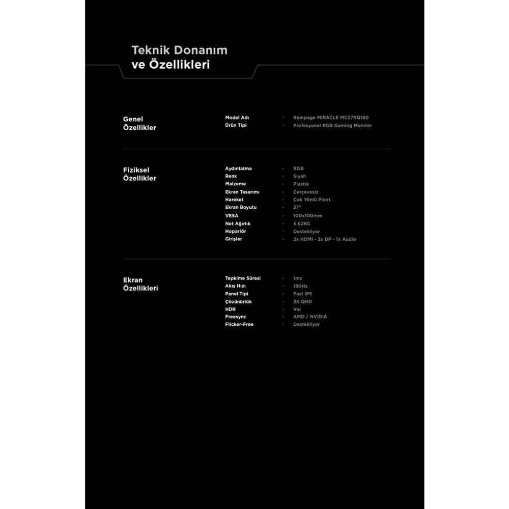 Rampage MIRACLE MC27RQ180 27'' 180Hz 1ms Fast IPS QHD 2K HDR Freesync Pivot PC Flat Oyuncu Monitörü