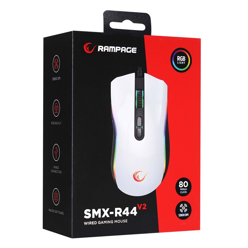 Rampage SMX-R44 V2 Makrolu Beyaz 12800 DPI RGB Ledli 80 Million Huano Switch Gaming Oyuncu Mouse