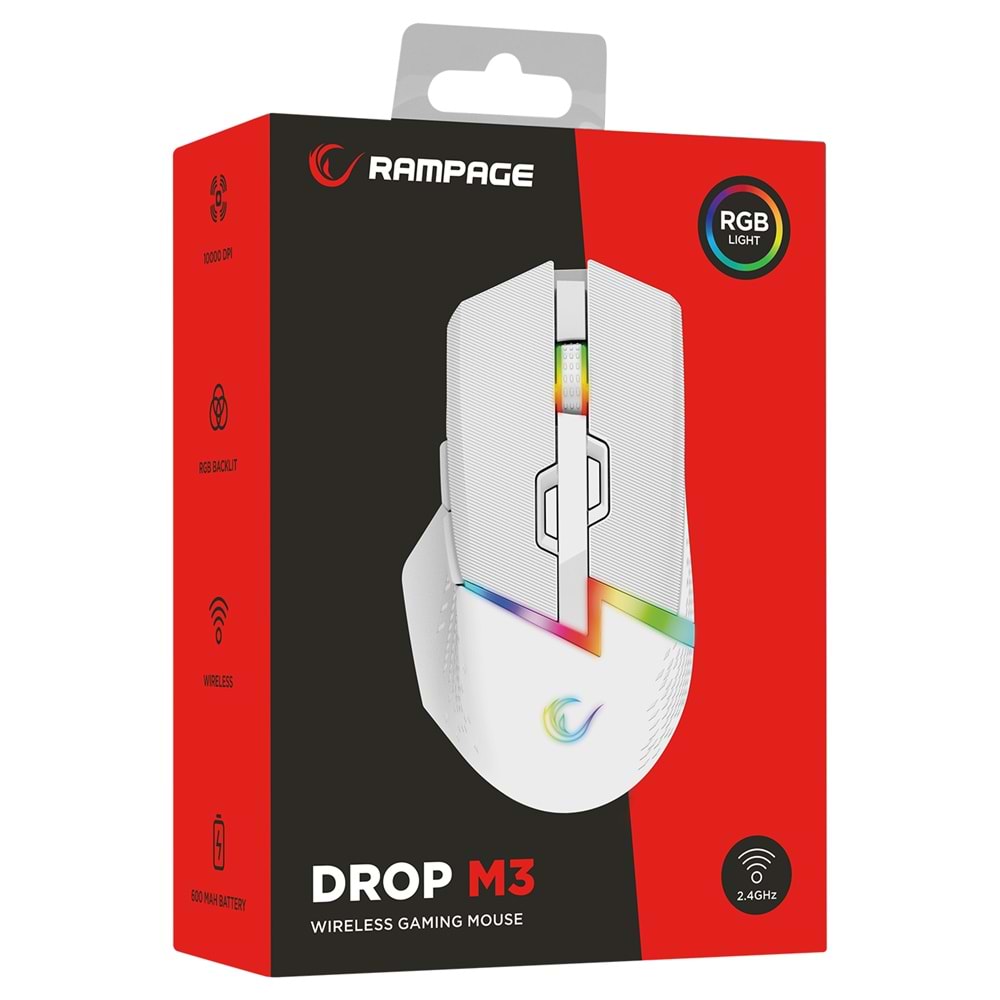 Rampage DROP M3 V2 24000 DPI 3311 Sensor Beyaz RGB Şarjlı Kablosuz 80 Milyon Huano Switch Gaming Oyuncu Mouse