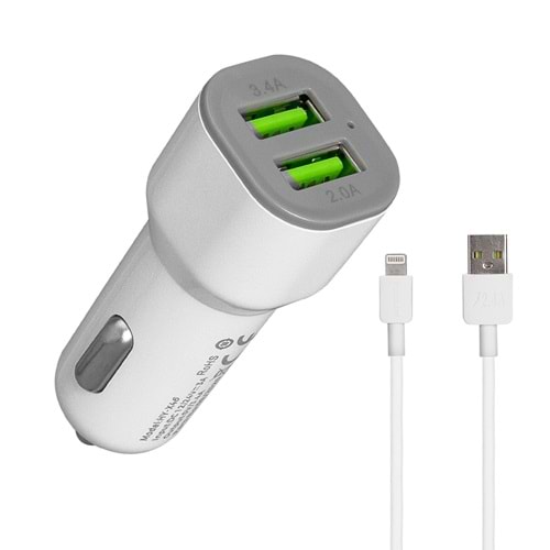 Hytech HY-X44 iPhone Lightning Kablolu 3.4A Hızlı Şarj 2 USB Beyaz Araç Şarj Cihazı