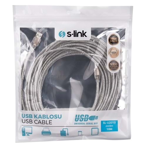 S-link SL-U2010 Usb2.0 10m Şeffaf Yazıcı Kablo