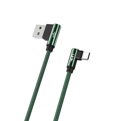 Link Tech K592 Yeşil Gaming 90° 3A Metal Başlı Örgülü 1500mm Micro USB Şarj Kablosu