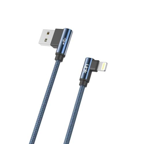 Link Tech K593 Mavi Gaming 90° 3A Metal Başlı Örgülü 1500mm İphone USB Şarj Kablosu