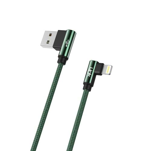 Link Tech K593 Yeşil Gaming 90° 3A Metal Başlı Örgülü 1500mm İphone USB Şarj Kablosu