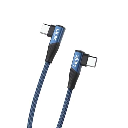 Link Tech K595 Mavi Gaming 90° 67W Metal Başlı Örgülü 1500mm USB-C'den Type-C Şarj Kablosu