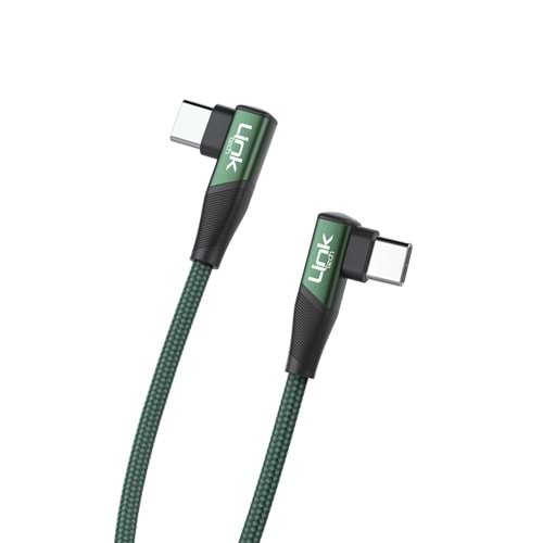 Link Tech K595 Yeşil Gaming 90° 67W Metal Başlı Örgülü 1500mm USB-C'den Type-C Şarj Kablosu
