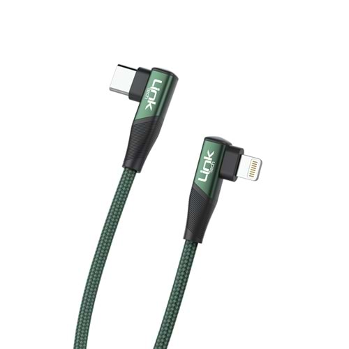 Link Tech K596 Yeşil Gaming 90° 30W Metal Başlı Örgülü 1500mm Type-C Lightning Şarj Kablosu