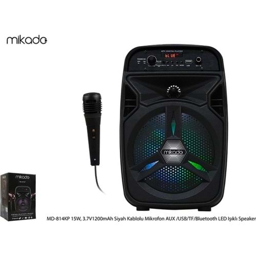 Mikado MD-814KP 15W, 3.7V1200mAh Siyah Kablolu Mikrofon AUX /USB/TF/Bluetooth FM'li LED Işıklı Speaker