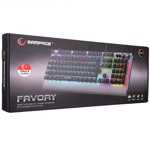 Rampage KB-R210 FAVORY Rainbow Aydınlatmalı Kristal Red Switch Mekanik Gaming Oyuncu Klavyesi