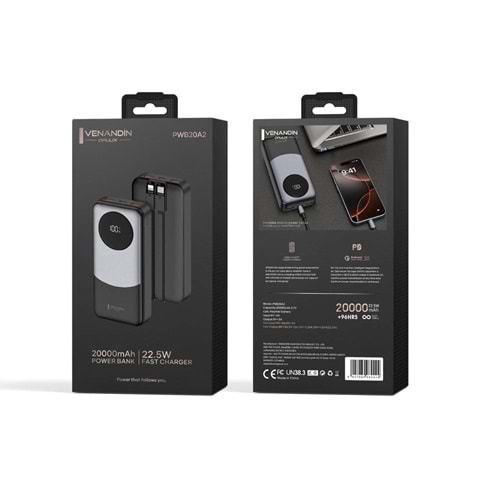 Venandin Opulix PWB20A2 20.000 Mah Led Göstergeli 22.5w Hızlı Kendinden kablolu Powerbank
