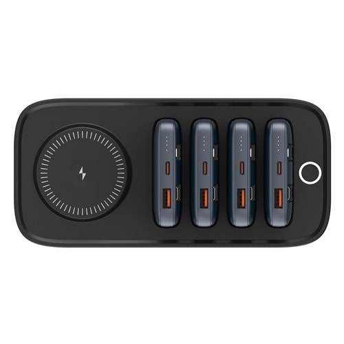 S-link IP-DS40 4 Adet 10000mAH Powerbank li Dahili Kablolu 15W Kablosuz Şarj Siyah Taşınabilir Şarj İstasyonu