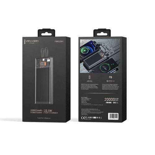 Venandin Opulix PWB20A1 20.000 Mah Led Göstergeli 22.5w Hızlı Kendinden kablolu Powerbank