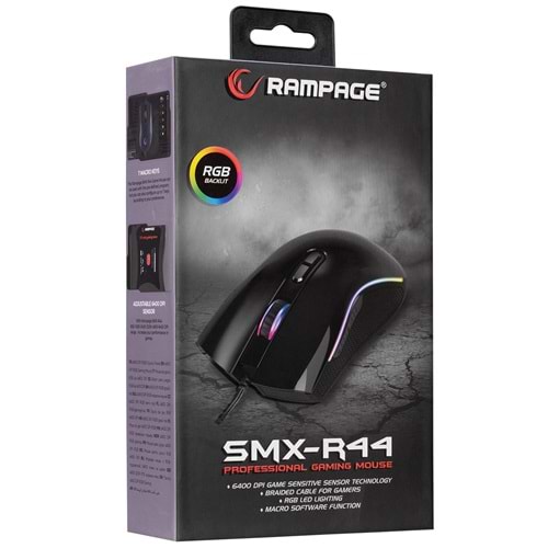 Rampage SMX-R44 V2 Makrolu Siyah 12800 DPI RGB Ledli 80 Million Huano Switch Gaming Oyuncu Mouse