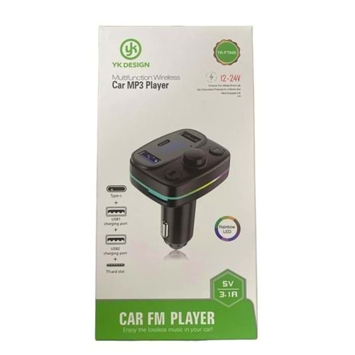 YK Design FT-600 Araç Fm Transmitter Bluetooth Usb Mp3 Sd Kart PD TypeC Şarj