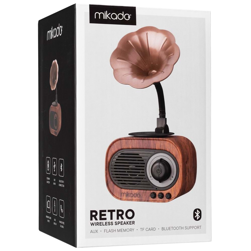 Mikado MN-S19 Ahşap Usb+Aux+Tf Kart+Bluetooth Klasik RETRO GRAMOFON Müzik Kutusu