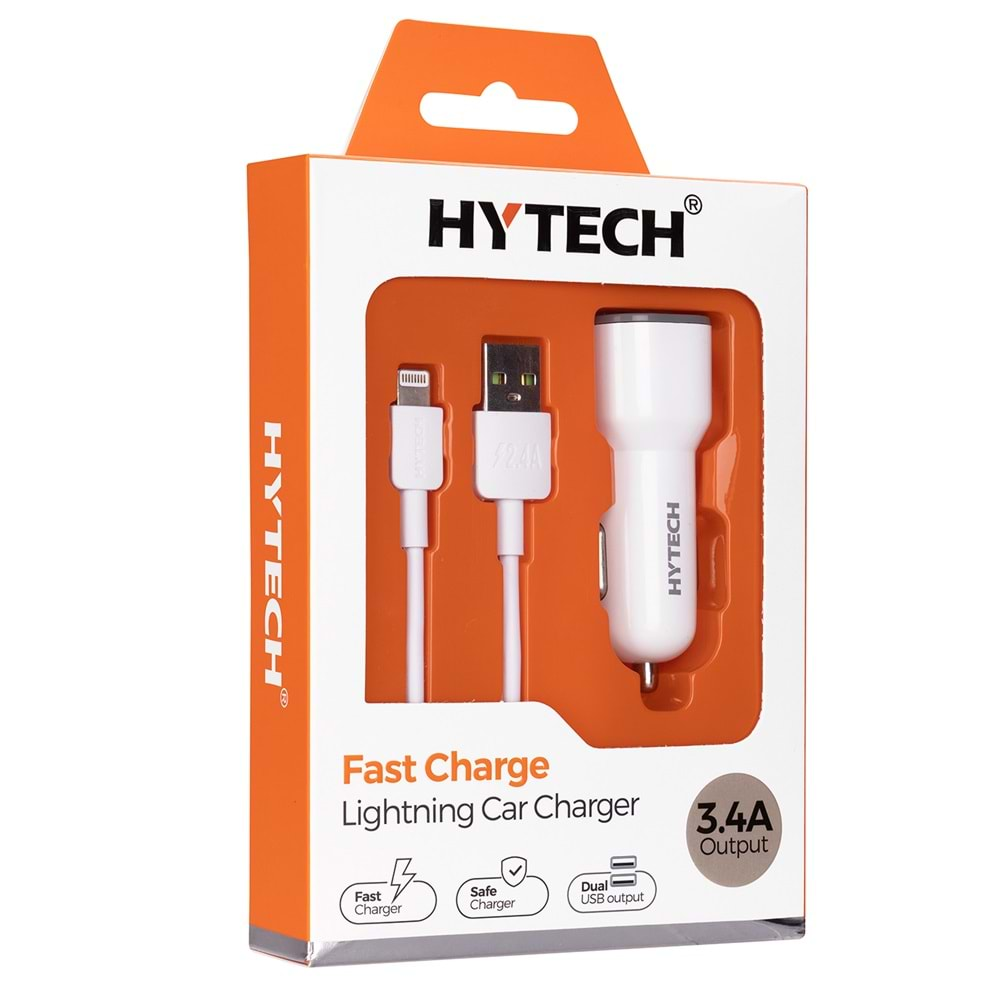 Hytech HY-X44 iPhone Lightning Kablolu 3.4A Hızlı Şarj 2 USB Beyaz Araç Şarj Cihazı