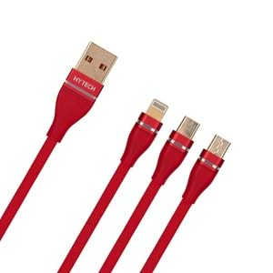 Hytech HY-X505 1.2M 3A MicroUSB+Lightning+TypeC 3 in 1 Kırmızı Şarj Kablosu